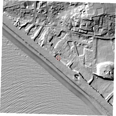 Shaded relief map of the ground around BN251JJ, computed from Environment Agency LiDAR. The ground here sits at about 4 m above sea level and falls 19 m across the surrounding 800 m. Surface water reaching this point runs off ground lying to the west, 3.6 m higher.