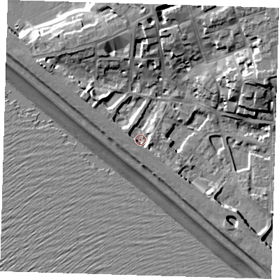Shaded relief map of the ground around BN251JL, computed from Environment Agency LiDAR. The ground here sits at about 5 m above sea level and falls 20 m across the surrounding 800 m. Surface water reaching this point runs off ground lying to the west, 3.0 m higher.