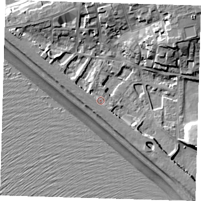 Shaded relief map of the ground around BN251JN, computed from Environment Agency LiDAR. The ground here sits at about 6 m above sea level and falls 19 m across the surrounding 800 m. Surface water reaching this point runs off ground lying to the west-north-west, 2.2 m higher.