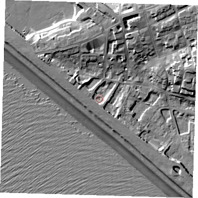 Shaded relief map of the ground around BN251JP, computed from Environment Agency LiDAR. The ground here sits at about 6 m above sea level and falls 20 m across the surrounding 800 m. Surface water reaching this point runs off ground lying to the south, 4.6 m higher.