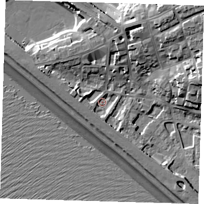 Shaded relief map of the ground around BN251JR, computed from Environment Agency LiDAR. The ground here sits at about 4 m above sea level and falls 22 m across the surrounding 800 m. Surface water reaching this point runs off ground lying to the south, 4.6 m higher.