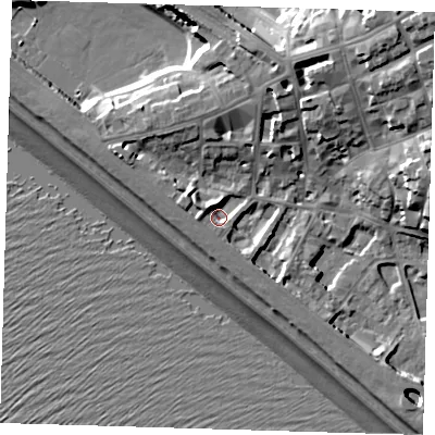 Shaded relief map of the ground around BN251JS, computed from Environment Agency LiDAR. The ground here sits at about 4 m above sea level and falls 21 m across the surrounding 800 m. Surface water reaching this point runs off ground lying to the west-north-west, 4.7 m higher.