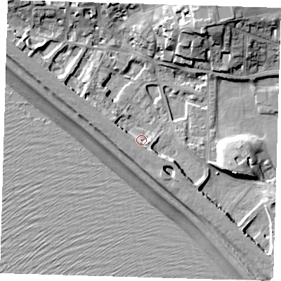 Shaded relief map of the ground around BN251JT, computed from Environment Agency LiDAR. The ground here sits at about 5 m above sea level and falls 18 m across the surrounding 800 m. Surface water reaching this point runs off ground lying to the south-south-west, 3.4 m higher.