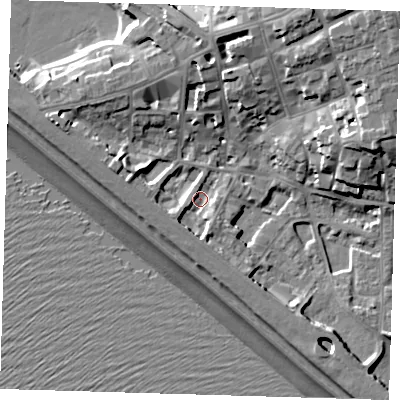 Shaded relief map of the ground around BN251JW, computed from Environment Agency LiDAR. The ground here sits at about 4 m above sea level and falls 21 m across the surrounding 800 m. Surface water reaching this point runs off ground lying to the south-south-west, 4.2 m higher.