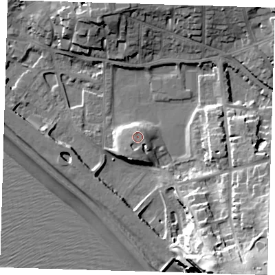Shaded relief map of the ground around BN251JX, computed from Environment Agency LiDAR. The ground here sits at about 8 m above sea level and falls 35 m across the surrounding 800 m. Surface water reaching this point runs off ground lying to the south-south-west, 2.4 m higher.