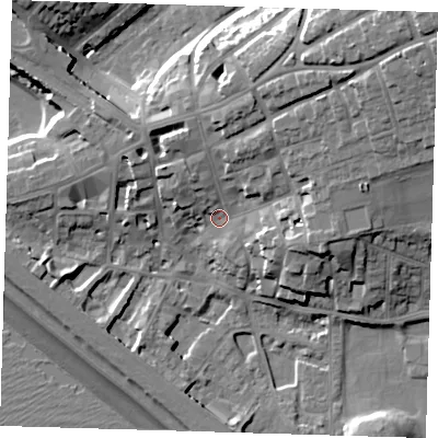 Shaded relief map of the ground around BN251PA, computed from Environment Agency LiDAR. The ground here sits at about 7 m above sea level and falls 27 m across the surrounding 800 m. Surface water reaching this point runs off ground lying to the north-east, 13.8 m higher.