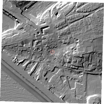 Shaded relief map of the ground around BN251PE, computed from Environment Agency LiDAR. The ground here sits at about 5 m above sea level and falls 26 m across the surrounding 800 m. Surface water reaching this point runs off ground lying to the north-east, 17.7 m higher.