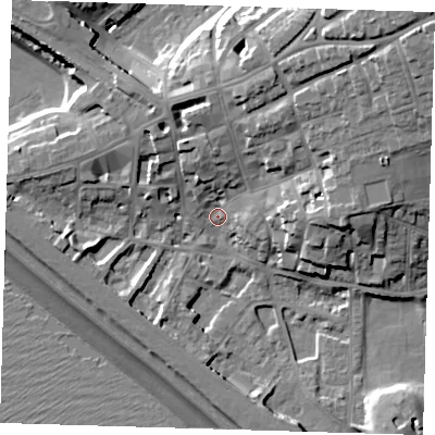 Shaded relief map of the ground around BN251PG, computed from Environment Agency LiDAR. The ground here sits at about 5 m above sea level and falls 26 m across the surrounding 800 m. Surface water reaching this point runs off ground lying to the north-east, 17.8 m higher.