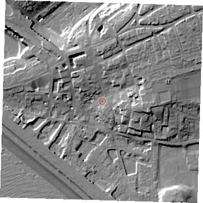 Shaded relief map of the ground around BN251PH, computed from Environment Agency LiDAR. The ground here sits at about 7 m above sea level and falls 27 m across the surrounding 800 m. Surface water reaching this point runs off ground lying to the north-east, 14.0 m higher.