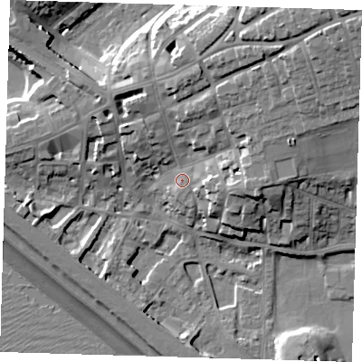 Shaded relief map of the ground around BN251PJ, computed from Environment Agency LiDAR. The ground here sits at about 8 m above sea level and falls 27 m across the surrounding 800 m. Surface water reaching this point runs off ground lying to the north-east, 12.3 m higher.