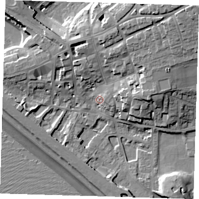 Shaded relief map of the ground around BN251PQ, computed from Environment Agency LiDAR. The ground here sits at about 6 m above sea level and falls 26 m across the surrounding 800 m. Surface water reaching this point runs off ground lying to the east-north-east, 4.6 m higher.