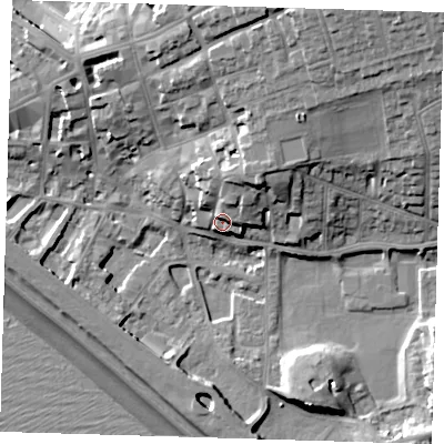 Shaded relief map of the ground around BN251PU, computed from Environment Agency LiDAR. The ground here sits at about 7 m above sea level and falls 25 m across the surrounding 800 m. Surface water reaching this point runs off ground lying to the north-north-east, 8.3 m higher.