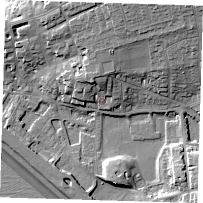 Shaded relief map of the ground around BN251QD, computed from Environment Agency LiDAR. The ground here sits at about 8 m above sea level and falls 26 m across the surrounding 800 m. Surface water reaching this point runs off ground lying to the north-north-west, 8.4 m higher.