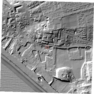 Shaded relief map of the ground around BN251QF, computed from Environment Agency LiDAR. The ground here sits at about 4 m above sea level and falls 24 m across the surrounding 800 m. Surface water reaching this point runs off ground lying to the north-north-east, 17.1 m higher.