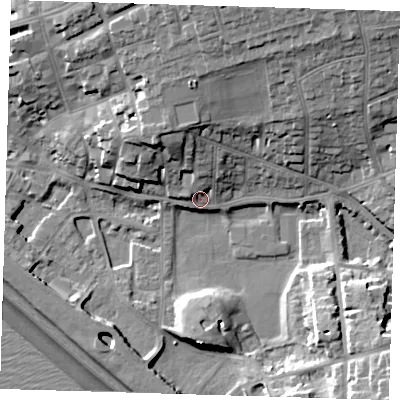 Shaded relief map of the ground around BN251QG, computed from Environment Agency LiDAR. The ground here sits at about 5 m above sea level and falls 24 m across the surrounding 800 m. Surface water reaching this point runs off ground lying to the north-north-east, 18.5 m higher.
