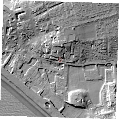 Shaded relief map of the ground around BN251QH, computed from Environment Agency LiDAR. The ground here sits at about 6 m above sea level and falls 25 m across the surrounding 800 m. Surface water reaching this point runs off ground lying to the north-north-east, 10.6 m higher.