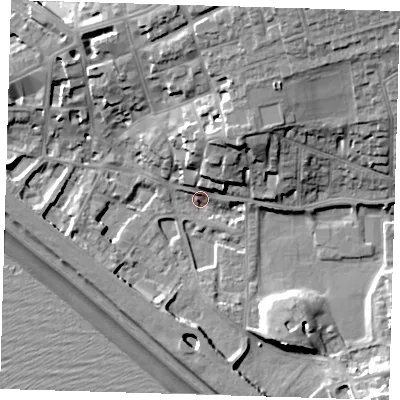 Shaded relief map of the ground around BN251QJ, computed from Environment Agency LiDAR. The ground here sits at about 4 m above sea level and falls 23 m across the surrounding 800 m. Surface water reaching this point runs off ground lying to the north-north-east, 17.3 m higher.