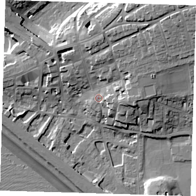 Shaded relief map of the ground around BN251QL, computed from Environment Agency LiDAR. The ground here sits at about 8 m above sea level and falls 27 m across the surrounding 800 m. Surface water reaching this point runs off ground lying to the east-south-east, 4.7 m higher.