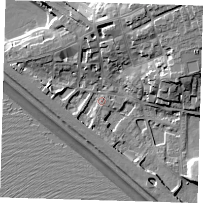 Shaded relief map of the ground around BN251WE, computed from Environment Agency LiDAR. The ground here sits at about 5 m above sea level and falls 23 m across the surrounding 800 m. Surface water reaching this point runs off ground lying to the south-south-west, 2.5 m higher.