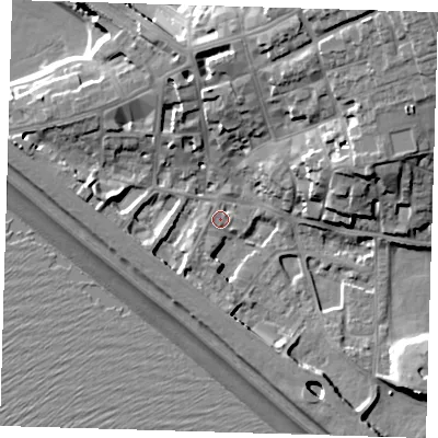 Shaded relief map of the ground around BN251WF, computed from Environment Agency LiDAR. The ground here sits at about 4 m above sea level and falls 23 m across the surrounding 800 m. Surface water reaching this point runs off ground lying to the west, 1.4 m higher.