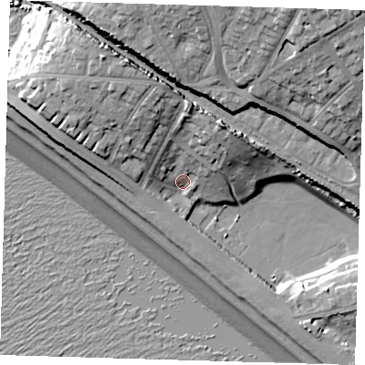 Shaded relief map of the ground around BN252PJ, computed from Environment Agency LiDAR. The ground here sits at about 6 m above sea level and falls 30 m across the surrounding 800 m. Surface water reaching this point runs off ground lying to the north-north-west, 7.6 m higher.