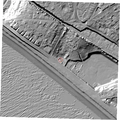 Shaded relief map of the ground around BN252PL, computed from Environment Agency LiDAR. The ground here sits at about 5 m above sea level and falls 29 m across the surrounding 800 m. Surface water reaching this point runs off ground lying to the north-west, 4.0 m higher.