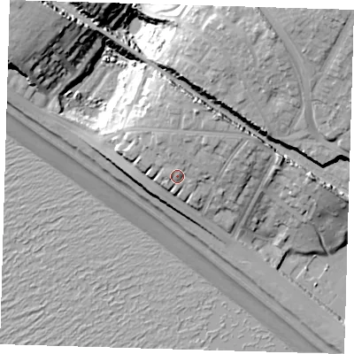 Shaded relief map of the ground around BN252PY, computed from Environment Agency LiDAR. The ground here sits at about 14 m above sea level and falls 32 m across the surrounding 800 m. Surface water reaching this point runs off ground lying to the north-east, 6.2 m higher.