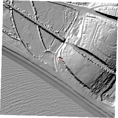 Shaded relief map of the ground around BN252QR, computed from Environment Agency LiDAR. The ground here sits at about 8 m above sea level and falls 34 m across the surrounding 800 m. Surface water reaching this point runs off ground lying to the east, 18.4 m higher.