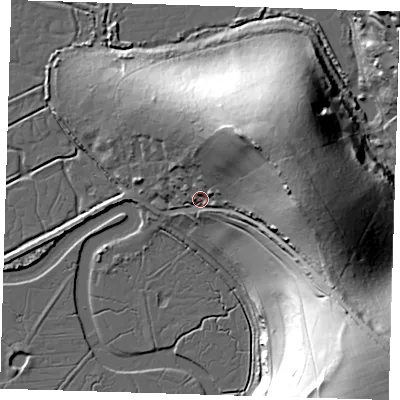 Shaded relief map of the ground around BN254AD, computed from Environment Agency LiDAR. The ground here sits at about 11 m above sea level and falls 63 m across the surrounding 800 m. Surface water reaching this point runs off ground lying to the east-north-east, 34.7 m higher.