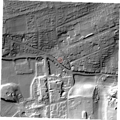 Shaded relief map of the ground around BN254HA, computed from Environment Agency LiDAR. The ground here sits at about 7 m above sea level and falls 27 m across the surrounding 800 m. Surface water reaching this point runs off ground lying to the south-east, 26.6 m higher.