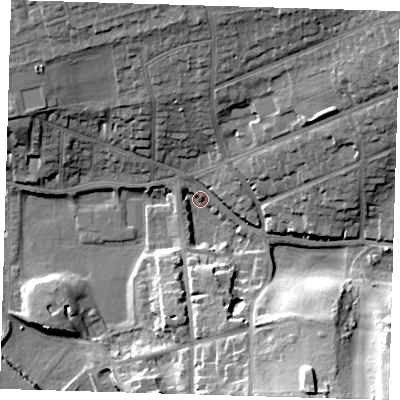 Shaded relief map of the ground around BN254HB, computed from Environment Agency LiDAR. The ground here sits at about 4 m above sea level and falls 25 m across the surrounding 800 m. Surface water reaching this point runs off ground lying to the south-east, 25.2 m higher.