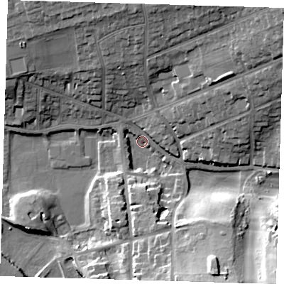 Shaded relief map of the ground around BN254HD, computed from Environment Agency LiDAR. The ground here sits at about 3 m above sea level and falls 27 m across the surrounding 800 m. Surface water reaching this point runs off ground lying to the south-east, 27.0 m higher.