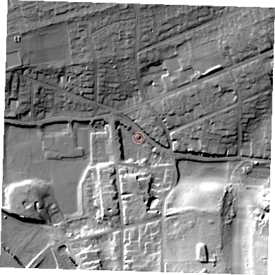 Shaded relief map of the ground around BN254HE, computed from Environment Agency LiDAR. The ground here sits at about 4 m above sea level and falls 29 m across the surrounding 800 m. Surface water reaching this point runs off ground lying to the south-east, 28.6 m higher.