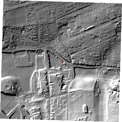 Shaded relief map of the ground around BN254HF, computed from Environment Agency LiDAR. The ground here sits at about 3 m above sea level and falls 32 m across the surrounding 800 m. Surface water reaching this point runs off ground lying to the south-east, 31.8 m higher.