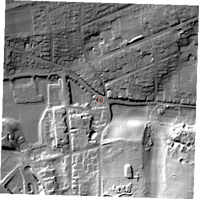 Shaded relief map of the ground around BN254HG, computed from Environment Agency LiDAR. The ground here sits at about 5 m above sea level and falls 35 m across the surrounding 800 m. Surface water reaching this point runs off ground lying to the south-east, 33.9 m higher.