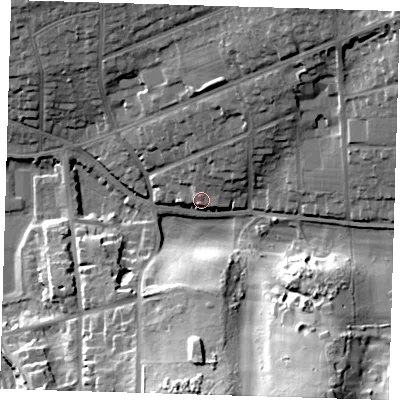 Shaded relief map of the ground around BN254HH, computed from Environment Agency LiDAR. The ground here sits at about 9 m above sea level and falls 33 m across the surrounding 800 m. Surface water reaching this point runs off ground lying to the north-east, 19.0 m higher.