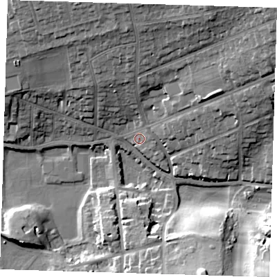 Shaded relief map of the ground around BN254LA, computed from Environment Agency LiDAR. The ground here sits at about 7 m above sea level and falls 23 m across the surrounding 800 m. Surface water reaching this point runs off ground lying to the north-east, 18.7 m higher.