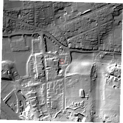 Shaded relief map of the ground around BN254PF, computed from Environment Agency LiDAR. The ground here sits at about 6 m above sea level and falls 41 m across the surrounding 800 m. Surface water reaching this point runs off ground lying to the south-south-east, 34.9 m higher.