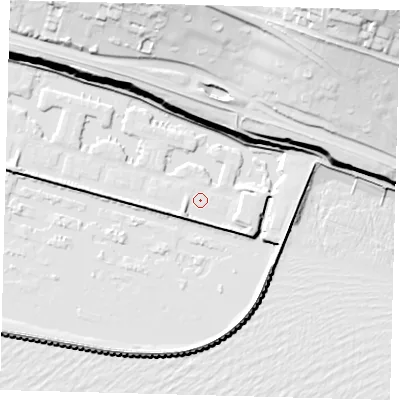 Shaded relief map of the ground around BN25SE, computed from Environment Agency LiDAR. The ground here sits at about 2 m above sea level and falls 63 m across the surrounding 800 m. Surface water reaching this point runs off ground lying to the south-west, 3.0 m higher.