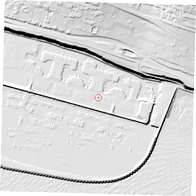 Shaded relief map of the ground around BN25SH, computed from Environment Agency LiDAR. The ground here sits at about 2 m above sea level and falls 67 m across the surrounding 800 m. Surface water reaching this point runs off ground lying to the north-east, 32.6 m higher.