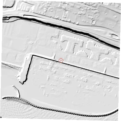Shaded relief map of the ground around BN25SN, computed from Environment Agency LiDAR. The ground here sits at about 2 m above sea level and falls 60 m across the surrounding 800 m. Surface water reaching this point runs off ground lying to the south, 11.8 m higher.