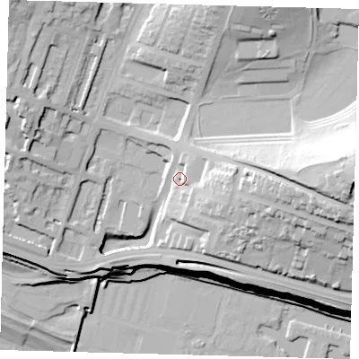 Shaded relief map of the ground around BN25TR, computed from Environment Agency LiDAR. The ground here sits at about 30 m above sea level and falls 68 m across the surrounding 800 m. Surface water reaching this point runs off ground lying to the east-south-east, 17.5 m higher.