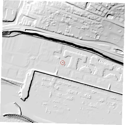 Shaded relief map of the ground around BN25UF, computed from Environment Agency LiDAR. The ground here sits at about 3 m above sea level and falls 73 m across the surrounding 800 m. Surface water reaching this point runs off ground lying to the north-east, 2.1 m higher.