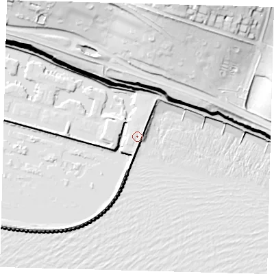 Shaded relief map of the ground around BN25UG, computed from Environment Agency LiDAR. The ground here sits at about 6 m above sea level and falls 60 m across the surrounding 800 m. Surface water reaching this point runs off ground lying to the south-south-east, 0.9 m higher.