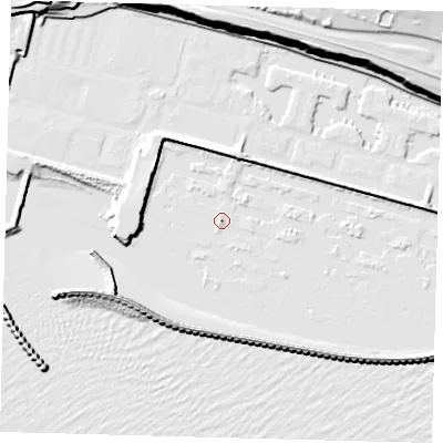 Shaded relief map of the ground around BN25UP, computed from Environment Agency LiDAR. The ground here sits at about -2 m above sea level and falls 46 m across the surrounding 800 m. Surface water reaching this point runs off ground lying to the south-south-west, 11.7 m higher.