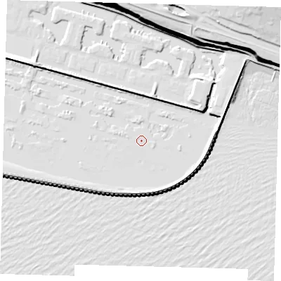 Shaded relief map of the ground around BN25UQ, computed from Environment Agency LiDAR. The ground here sits at about -3 m above sea level and falls 45 m across the surrounding 800 m. Surface water reaching this point runs off ground lying to the east, 11.8 m higher.