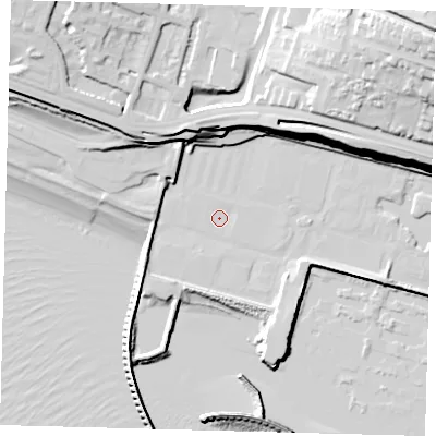 Shaded relief map of the ground around BN25UT, computed from Environment Agency LiDAR. The ground here sits at about 2 m above sea level and falls 60 m across the surrounding 800 m. Surface water reaching this point runs off ground lying to the south-west, 6.8 m higher.