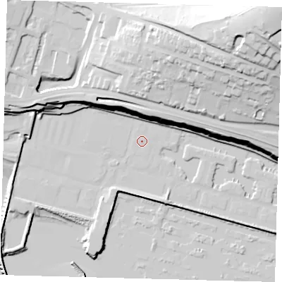 Shaded relief map of the ground around BN25UU, computed from Environment Agency LiDAR. The ground here sits at about 3 m above sea level and falls 78 m across the surrounding 800 m. The ground contributing surface water to this point lies to the south-south-east.
