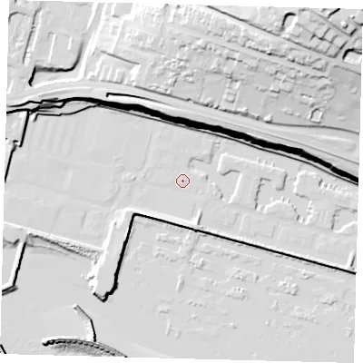 Shaded relief map of the ground around BN25UW, computed from Environment Agency LiDAR. The ground here sits at about 3 m above sea level and falls 74 m across the surrounding 800 m. Surface water reaching this point runs off ground lying to the north-north-west, 31.3 m higher.