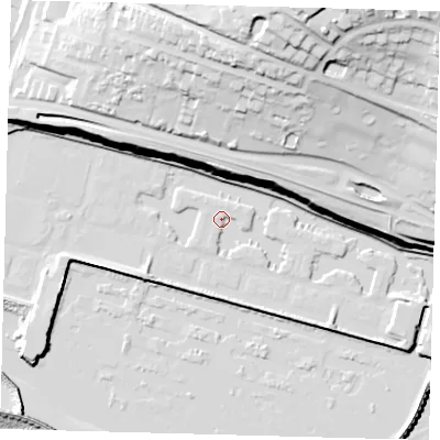 Shaded relief map of the ground around BN25UY, computed from Environment Agency LiDAR. The ground here sits at about 3 m above sea level and falls 74 m across the surrounding 800 m. Surface water reaching this point runs off ground lying to the south-east, 4.4 m higher.